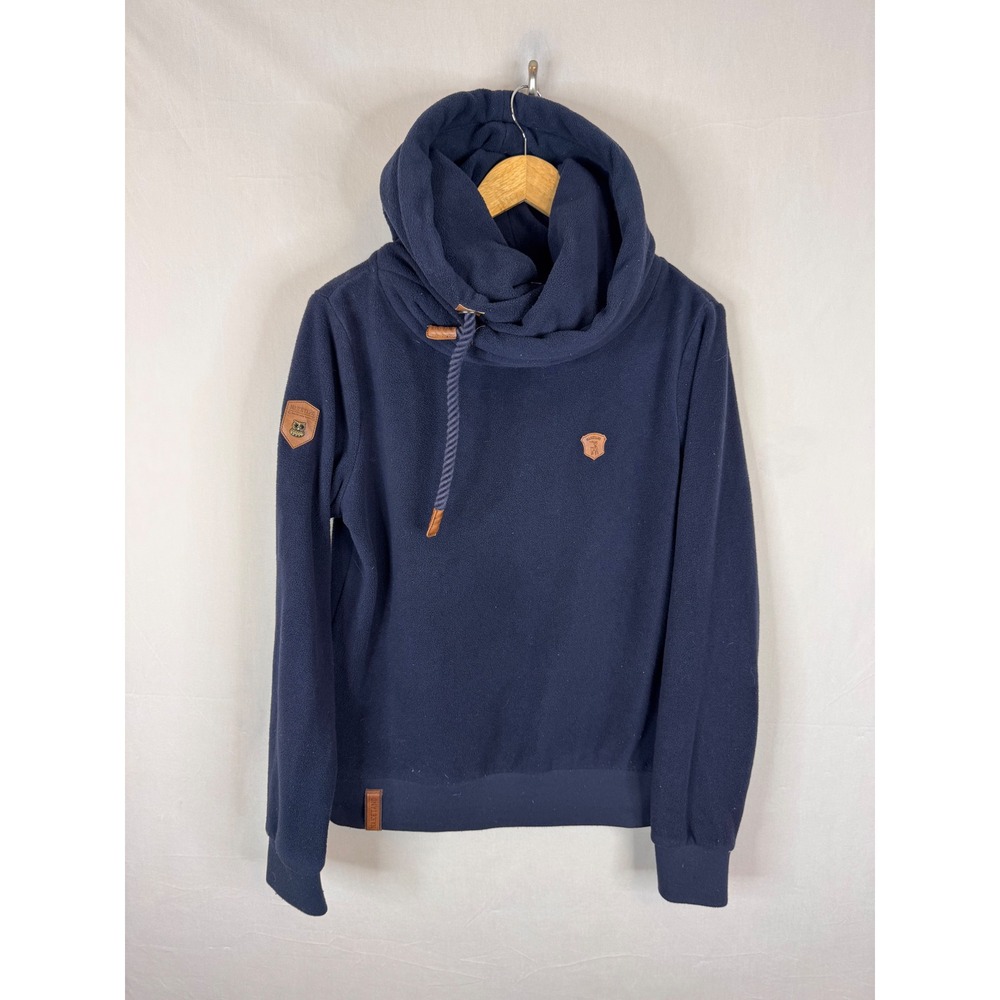 Naketano Brave‎ New Word Navy Blue Fleece Cowl Neck Hoodie XL Women